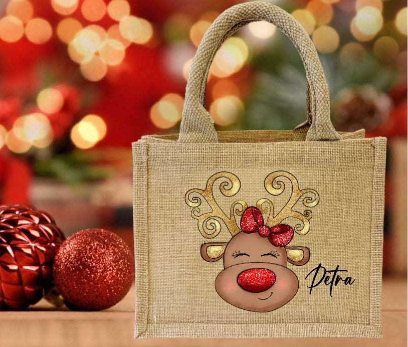 Jute Tasche Weihnachten Rentier Glitterschleife/mit Wunschname
