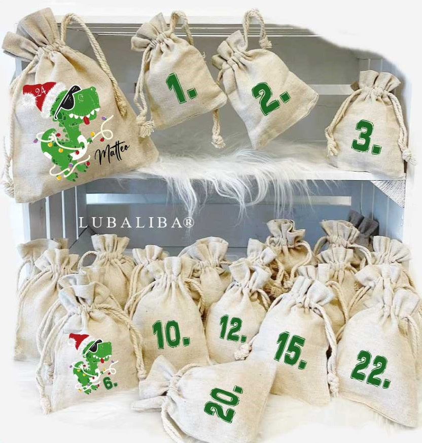 ADVENTSKALENDER JUTE /Dinosaurier-Mit Wunschnamen