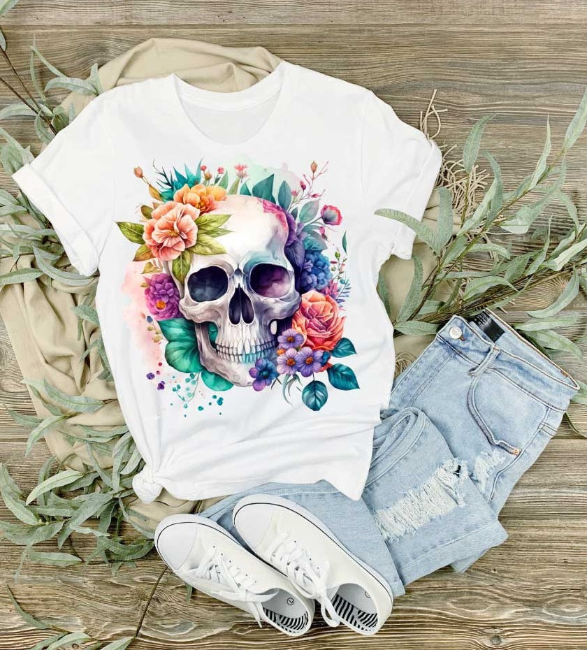 Unisex T-SHIRT - weiß Flower Totenkopf