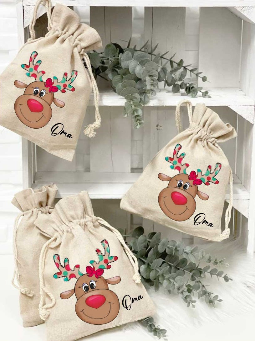 Jute Säckchen Weihnachten Rentier Schleife/mit Wunschname