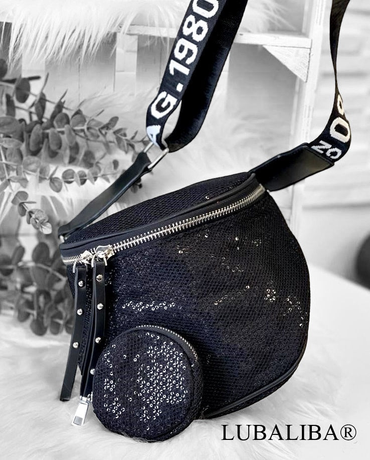 Stylische "BODYBAG" STRASS/DEKOR Bauchtasche Schwarz
