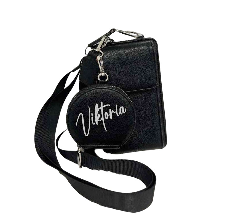 Stylische Handytasche Portemonnaie 2 in 1 Umhängetasche SCHWARZ mit Wunschnamen