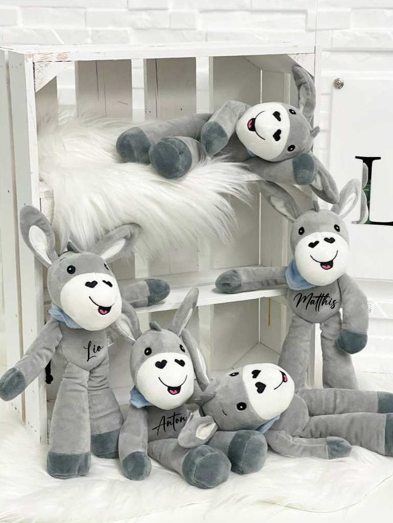 Plüsch Esel/Rassel mit Wunschnamen -blau-