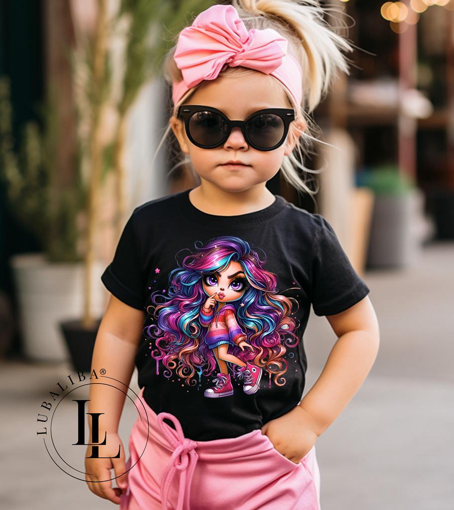 Kinder T-Shirt Schwarz "Rainbow Girl" Motiv: DVA