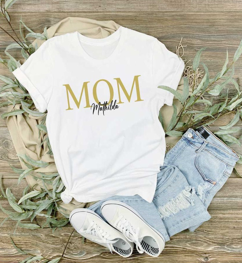 Unisex MOM T-Shirt weiß/gold/schwarz mit Namen der Kinder