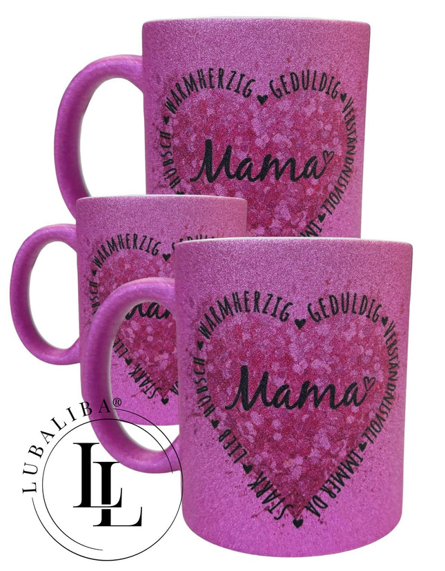 Glitzertasse Pink  " Herz MAMA " Motiv: DAW