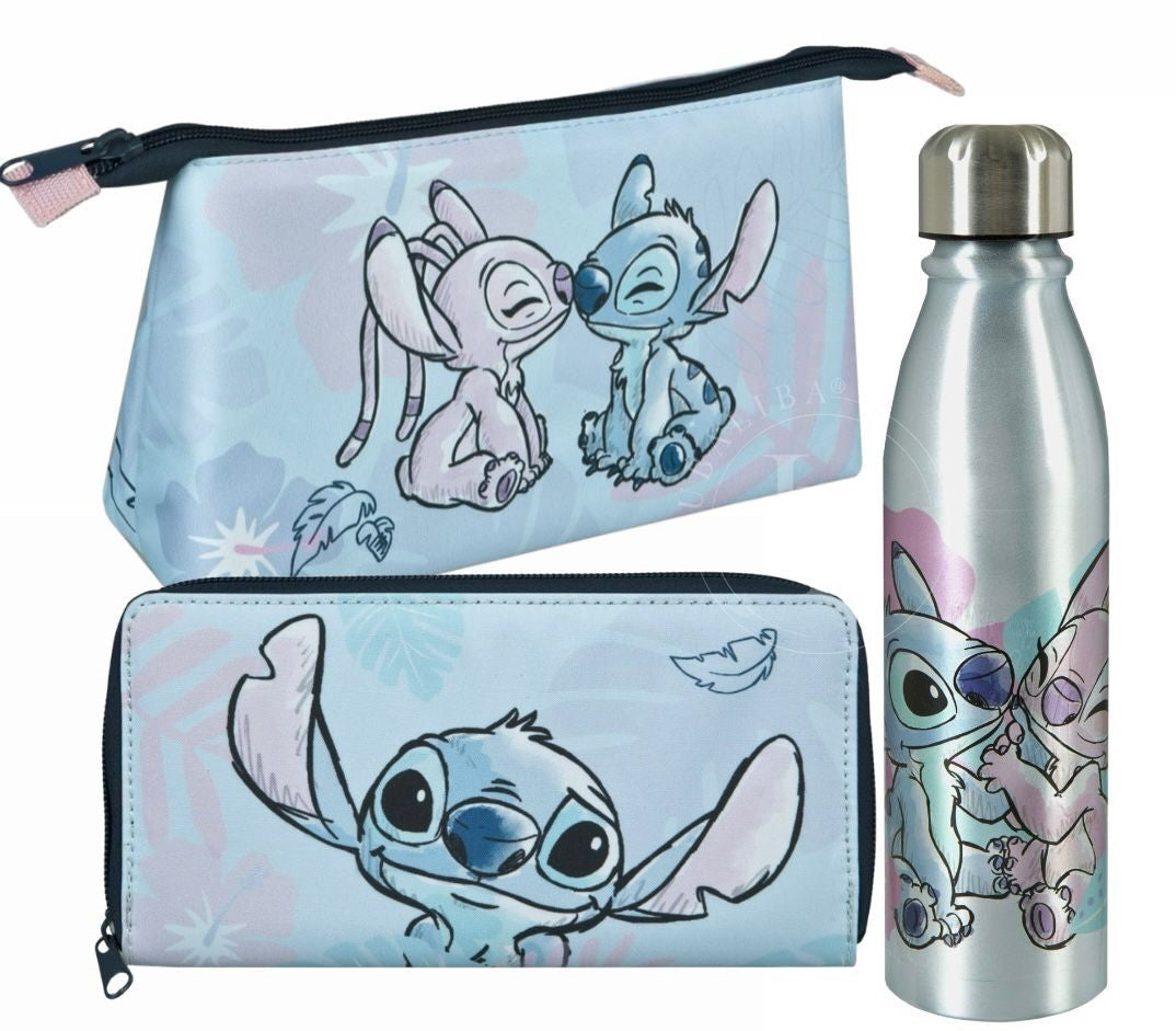 Lilo & Stitch 3er Set Stitch Trinkflasche Portemonnaie & Kosmetiktasche