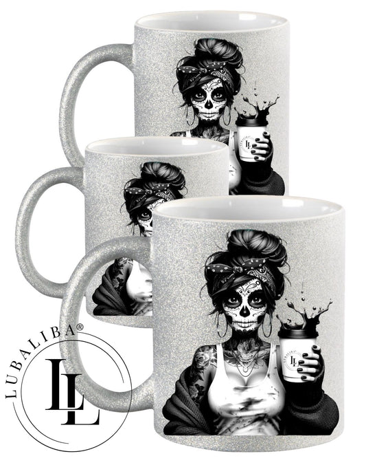 Glitzertasse Silber " Shadow Skull Coffee Girl " Keramik Tasse Motiv: DQUS
