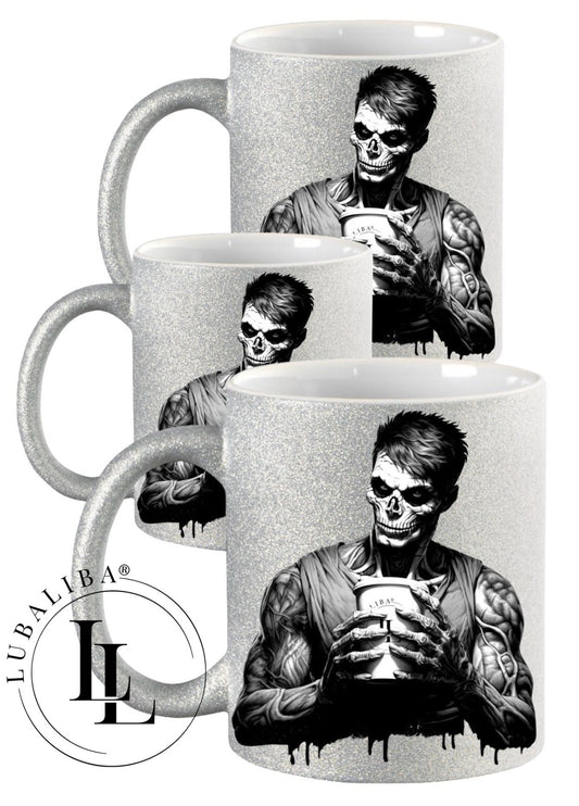 Glitzertasse Silber " Shadow Skull Coffee Man " Keramik Tasse Motiv: HVLS