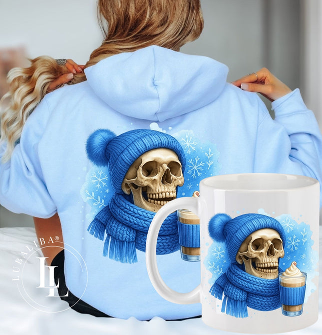 Hoodie Pastellblau + Tasse " Winter Skull Blau " ArtNr.: DOK