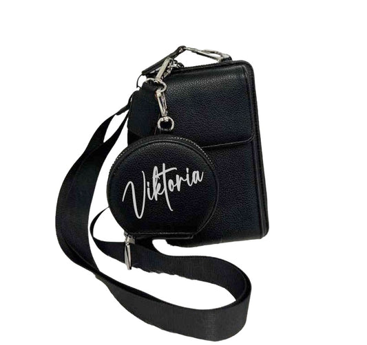 Stylische Handytasche Portemonnaie 2 in 1 Umhängetasche SCHWARZ mit Wunschnamen