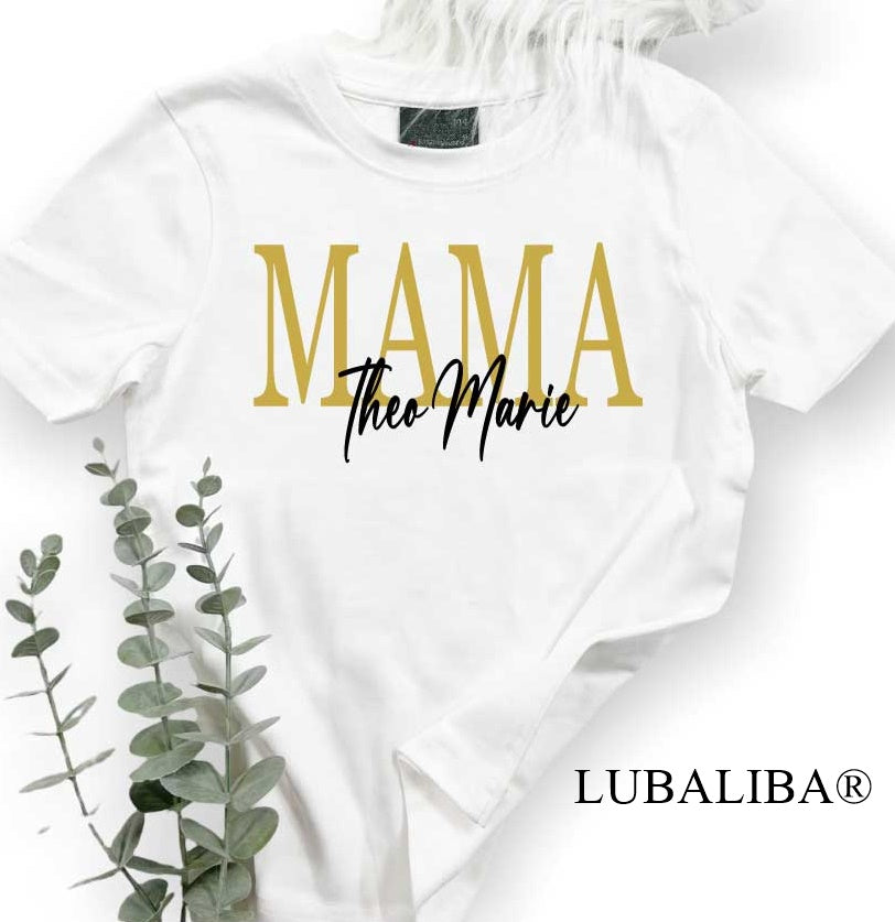 Unisex MAMA T-Shirt weiß/gold/schwarz mit Namen der Kinder