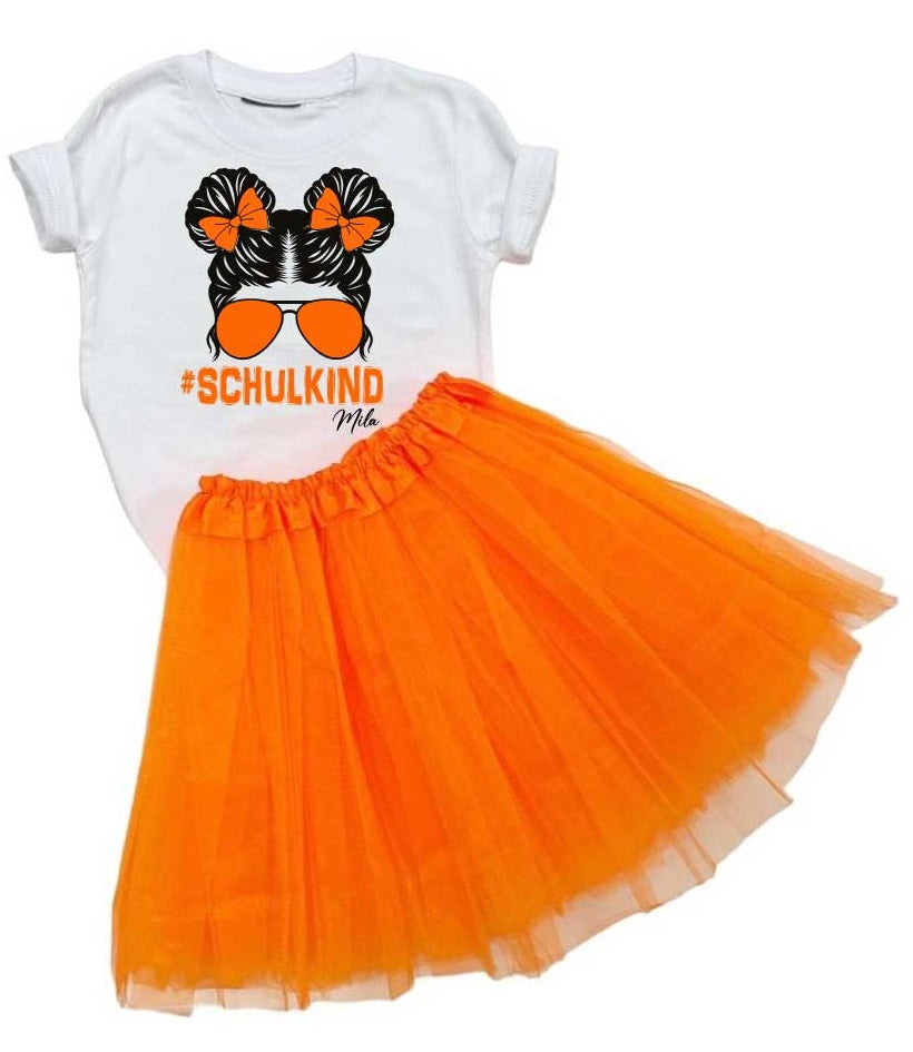 T-Shirt /Tütü 2er Set  #SCHULKIND GIRL Weiß/Orange