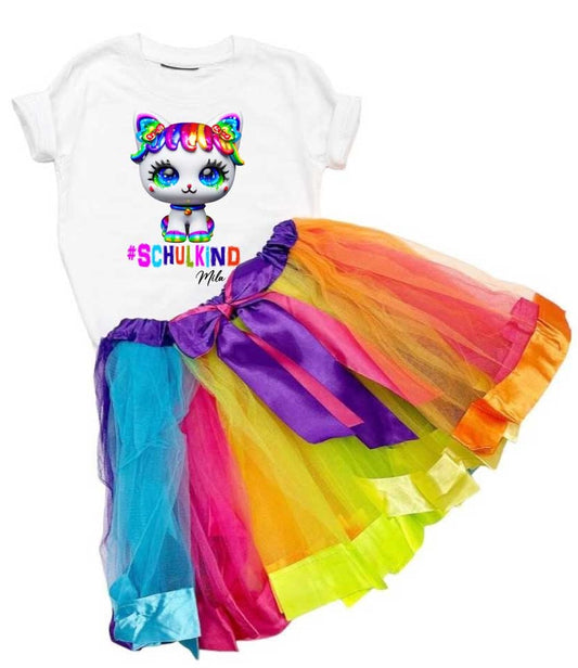 T-Shirt /Tütü 2er Set  #SCHULKIND GIRL Weiß/RainbowCat