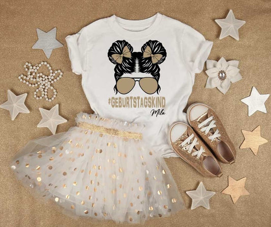 Kinder T-Shirt-weiß Geburtstagskind/Beige mit Wunschname