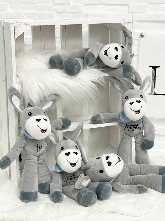 Plüsch Esel/Rassel mit Wunschnamen -blau-